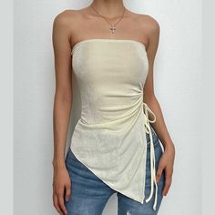 Solid ruched drawstring slit irregular tube top Rockstar Fashion, Ropa Upcycling, Tube Top Outfits, Mode Zara, Looks Vintage, Trendy Tops, Grunge Fashion, Tube Top, Diy Clothes