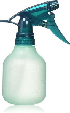 a green spray bottle with a blue top and plastic spigot attached to it