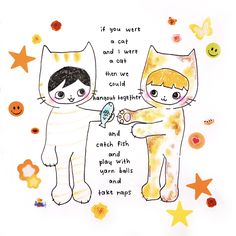 a drawing of two cats shaking hands with each other on a white background surrounded by stars and confetti