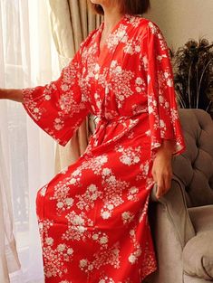 Luxury red floral silk dressing gown, pure silk kimono robe for women, wide sleeve print kimono dress, loose style, mid-calf leght, silky fabric with really good feeling, you will look so elegant charming. Excellent silk fabric improve sleep well. Perfect for bride bridesmaid gift, birthday gift, holiday, enjoin morning coffee time. . Style: dressing gown, long robe, nightdress, night gown, nightwear, PJs, kimono robe, bathrobe, spa robe, boho cardigan top, beach cover up, pajamas, loungewear fo Red V-neck Sleepwear For Spring, Red Floral Print Sleepwear For Spring, Elegant Red Kimono For Spring, Elegant Red Wrap Kimono, Elegant Red Spring Kimono, Red Long Sleeve Kimono For Spring, Elegant Red Robe For Loungewear, Wedding Robe With Kimono Sleeves For Spring, Spring Sleepwear With Kimono Sleeves