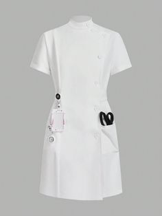 Blanco Casual Collar manga corta Tela tricotada Letras,Liso  Embellished Elástico Ligero White Nursing Uniform, Nurse White Uniform, Lab Coat Aesthetic, Nurse Scrub Dress, Hospital Dress, Scrubs Uniform Cute, White Nurse Dress, Scrub Dress, Medical Clothes