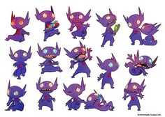 a bunch of cartoon monsters with different expressions and hair styles, all in purple colors