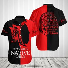 two shirts with the words stay wild and native child printed on them, both in red and black