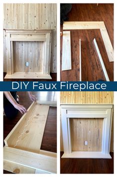 diy faux fireplace makeover with paint and wood planks to match the floor