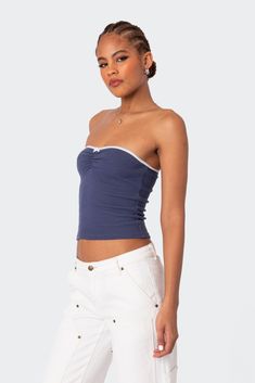 PRODUCT INFO Strapless top Ruched bust Center bow detail Waffle fabric Cotton, Polyester, Spandex Model wears size S Model height is 5'11 Item care: Wash with similar color Bandou Tops, Blue Tube Top Outfit, Cute Tops For School, Tops For School, Blue Tube Top, Tube Top Outfits, Handmade Tops, Visionary Fashion, Top Summer Outfits