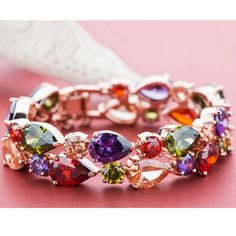 Rose Gold Color Multi Cz Bangles Bracelet Color Chain Rhinestones Length - 19cm Elegant Multicolor Crystal Bracelet With Sparkling Stones, Party Bracelets With Cubic Zirconia Stones, Pink Crystal Bracelet With Sparkling Stones For Party, Pink Crystal Bracelets For Party, Rose Gold Cubic Zirconia Tennis Bracelet For Party, Elegant Multicolor Crystal Bracelet With Rhinestones, Party Rose Gold Cubic Zirconia Tennis Bracelet, Elegant Multicolor Crystal Rhinestone Bracelet, Elegant Multicolor Crystal Bracelet