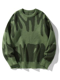 Men Graphic Pattern Sweater Army Green Casual  Long Sleeve Fabric Colorblock Pullovers Non-Stretch  Men Clothing, size features are:Bust: ,Length: ,Sleeve Length: Loose Fit Sweater, Knitwear Men, Pattern Sweater, Sweater Sale, Knitted Pullover Sweaters, Graphic Patterns, Graphic Crewneck, Grey Fashion, Knitted Pullover