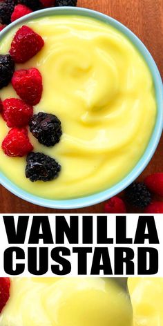 vanilla custard in a bowl with berries on top