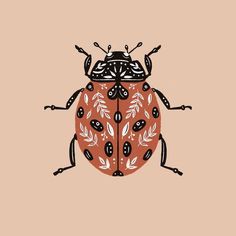 a red and black bug with leaves on it's back legs, sitting on a pink background