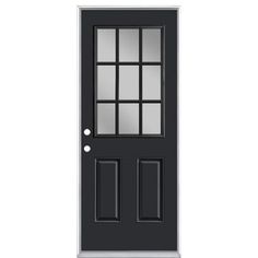 a black door with glass panels and two sidelights on the top, against a white background