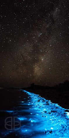 the sky is filled with stars and blue light as it shines in the water