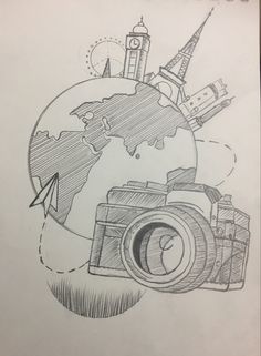 a drawing of a camera and some buildings on top of it, with the earth in the background