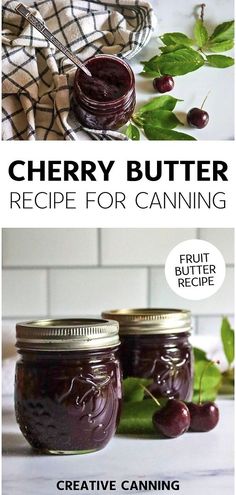 two jars filled with cherries sitting on top of a table next to each other