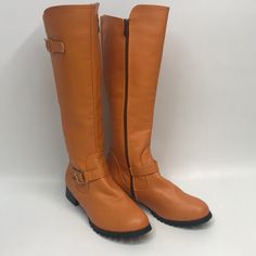 Brand New Knee High Fashion Boots. Zipper , Gold Buckle And Accents, Black Rubber Tread Soles. Size 7 Us, 40 Euro Orange Winter Boots With Round Toe, Casual Orange Winter Boots, Orange Round Toe Boots For Fall, Casual Orange Round Toe Boots, High Fashion Boots, Boots Zipper, No Name, Moto Boots, Black Rubber