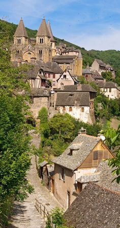 an old village is surrounded by mountains and trees in the foreground, with buildings on either side