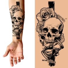 a hand with a tattoo on it next to an image of a skull and roses