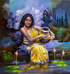 a painting of a woman sitting in the water holding a pot with flowers growing out of it