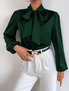 Satin Tie Neck Bishop Sleeve Blouse | SHEIN USA Bishop Sleeve Blouse, Blouse Elegant, Trendy Business Casual, Business Formal Dress, Formal Dresses Gowns, Tie Neck Blouse, Bishop Sleeve, Professional Dresses