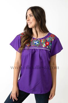 Mexican Embroidered Pueblo Blouse - Purple  These fabulous blouses feature a unique colorful embroidered pattern. These embroidered blouses are also commonly known as Mexican Peasant Blouse Tops.  Please note that each blouse is individually hand embroidered so the embroidery design will vary from the one pictured. You will receive the blouse color selected. Mexican Peasant Blouse, Embroidered Blouses, Mexican Shirts, Mexican Blouse, Mexican Dress, Mexican Dresses, Blouse Tops, Embroidered Clothes, Peasant Blouse