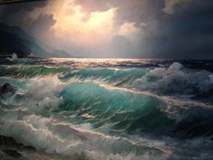 a painting of the ocean with waves crashing and clouds in the sky above it,