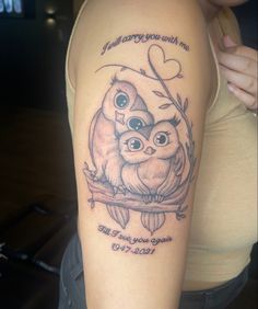 an owl tattoo on the arm that says i love you with me and two owls