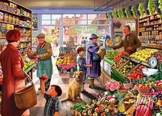 a painting of people shopping in a grocery store with a dog looking at the food