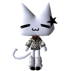 a white cat with black stars on it's head and eyes, standing in front of a white background