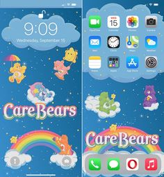 an iphone with care bears stickers on it