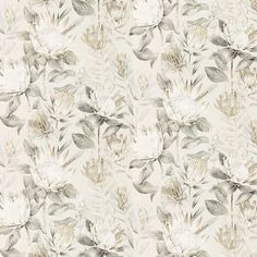 a floral wallpaper with white flowers and green leaves on a light grey background,