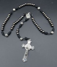 Adjustable Silver Rosary With 8mm Beads, Adjustable Crucifix Rosary, Adjustable Silver Crucifix Rosary, Adjustable Silver Rosary With Black Beads, Silver Rosary With Black Beads And Crucifix, Saint Benedict, Christian Jewelry, Rosary, Heavy Duty