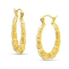 Increase the style factor of your casual or dressy looks when you wear these bamboo hoop earrings in hollow 14K gold. Fashioned in hollow 14K gold Each 24.0mm hoop glistens with textured bamboo-like sections that graduate to the widest at the bottom. These earrings secure with latch backs. Bamboo Hoop Earrings, Digital Business Card, Gold Hoop Earrings, Gold Earrings, Gold Jewelry, Hoop Earrings, Jewelry Earrings, Gold