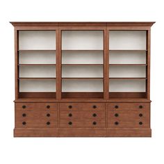 a wooden bookcase with drawers and shelves on it's sides, against a white background