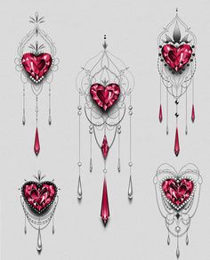 three hearts are hanging from the side of each other with dangling drops and tears