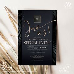 an elegant black and gold event card with palm leaves on the front, along with text that reads join us