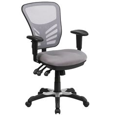 an office chair with grey mesh back and arms