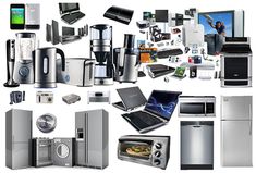 there are many different appliances and electronics on this white background, including refrigerators, microwaves, toasters, coffee maker, etc