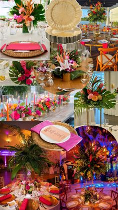 a collage of different tables and chairs decorated with flowers, candles, and plates