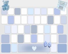 a blue teddy bear sitting on top of a computer keyboard with squares and hearts around it