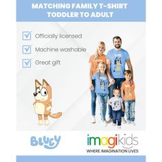 Come meet Bluey the 6 year old Blue Heeler pup and her younger sister Bingo! Watch Bluey and Bingo come to life through your little one’s friendly and fun personality. Your child is going to love playing indoors or outdoors in their new Bluey Graphic T-Shirt. Casual Family T-shirt With Cartoon Print, Casual Cartoon Print T-shirt For Family, Casual T-shirt With Cartoon Print For Family, Cute Cartoon Print Family T-shirt, Cute Family Cartoon Print T-shirt, Blue Family Matching T-shirt With Cartoon Print, Family Matching Blue T-shirt With Cartoon Print, Funny Blue Tops For Playtime, Playful Cotton Family T-shirt