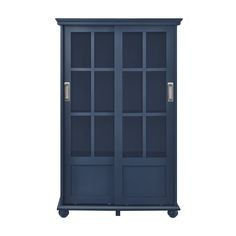 a blue cabinet with glass doors on the front and bottom, against a white background