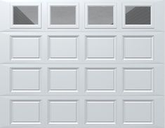 a white garage door with six windows