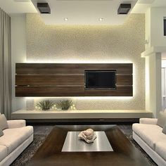 a living room with couches and a tv on the wall in it's center