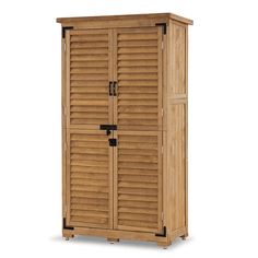 a tall wooden cabinet with shutters on the front and bottom doors, sitting against a white background