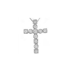 This unique cross pendant features 11 round brilliant cut natural diamonds. All diamonds are set in 14k white gold. 1.06ct total diamond weight. An 18" 14k white gold clasp lock chain is included. Cross-shaped Diamond Necklace With Single Cut Diamonds, Diamond White Diamond Crucifix Necklace, Diamond White Diamond Cross Necklace For Anniversary, Diamond White Crucifix Cross Necklace, Diamond White Diamond Cross Necklace, Diamond Cross Necklace With Accents For Anniversary, Diamond Cross Necklace For Anniversary, Anniversary Diamond Cross Necklace, Diamond Cut Diamond Crucifix Necklace