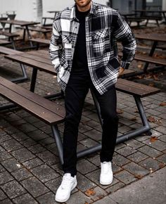 Streetwear Fashion Men Flannel Black And Gray Flannel Outfit Men, Mens Fall Flannel Outfits, How To Style Flannel Men, Denim Jacket Men Outfit Street Style, Shacket Outfit For Men, Af 1 Outfit Men, Black And White Flannel Outfit Men, Men’s Shacket, Flannel Shirt Outfits Men