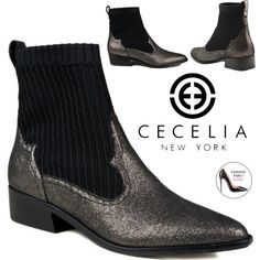 Cecelia New York Tomas Ankle Bootie Black Pewter Silver Leather Block Heel Pointed Almond Toe Booties Fashion Dress Casual Streetwear Women’s Boots Sock-Knit Leather Western Bootie Size 10 Leather And Textile Upper 1-Inch Heel 5.5-Inch Shaft Styling Points Pointed Toe Pull Tab At Back Leather Lining Synthetic Outsole New In Box These Leather Boots With Heels Are Very Comfortable And Stylish. Super Comfortable Boots! Ankle Boots High Heels Platform. Ankle Boots With Heels Outfit. Luxury Boots Bra Luxury Platform Heels With Pointed Toe, Luxury Heels With Heel Tab And Pointed Toe, Luxury Leather Almond Toe Booties, Luxury Leather Shoes With Heel Tab, Luxury Ankle Boots With Heel Pull Tab, Luxury Western High Ankle Heeled Boots, Luxury Synthetic Almond Toe Heels, Luxury Platform Boots With Almond Toe, Luxury Silver Leather Heeled Boots