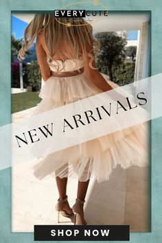 a woman in a dress with the words new arrivals on it