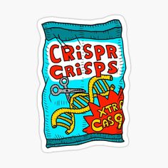 a sticker with the words crispr crisprs next to a bag of extra caso