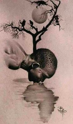 an image of a man falling off his head in the water with a tree and moon behind him