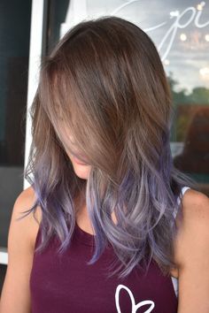 Purple Hair Underneath Light Brown, Brown Hair With Lavender Underneath, Peekaboo Hair Lavender, Brown Hair With Lavender Tips, Brown Hair With Lilac Peekaboo, Brown And Blue Hair, Purple Peekaboo Hair, Brown Ombre Hair, Peekaboo Hair